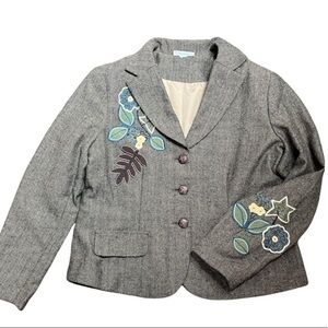 Brown Herringbone Tweed w/ Fall Floral Appliqué Blazer Jacket Vintage Dress Barn